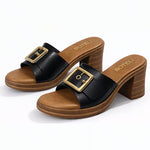 Women’s Metal Buckle Mule Sandals – Retro Wood-Texture Block Heel Slip-On Shoes