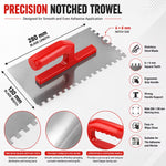 280 × 130mm Notched Trowel – Silver & Red, Stainless Steel 6 × 6mm Square-Tooth Tile Adhesive Spreader with Ergonomic Handle for Flooring, Wall Tiles, Plaster & Construction Use