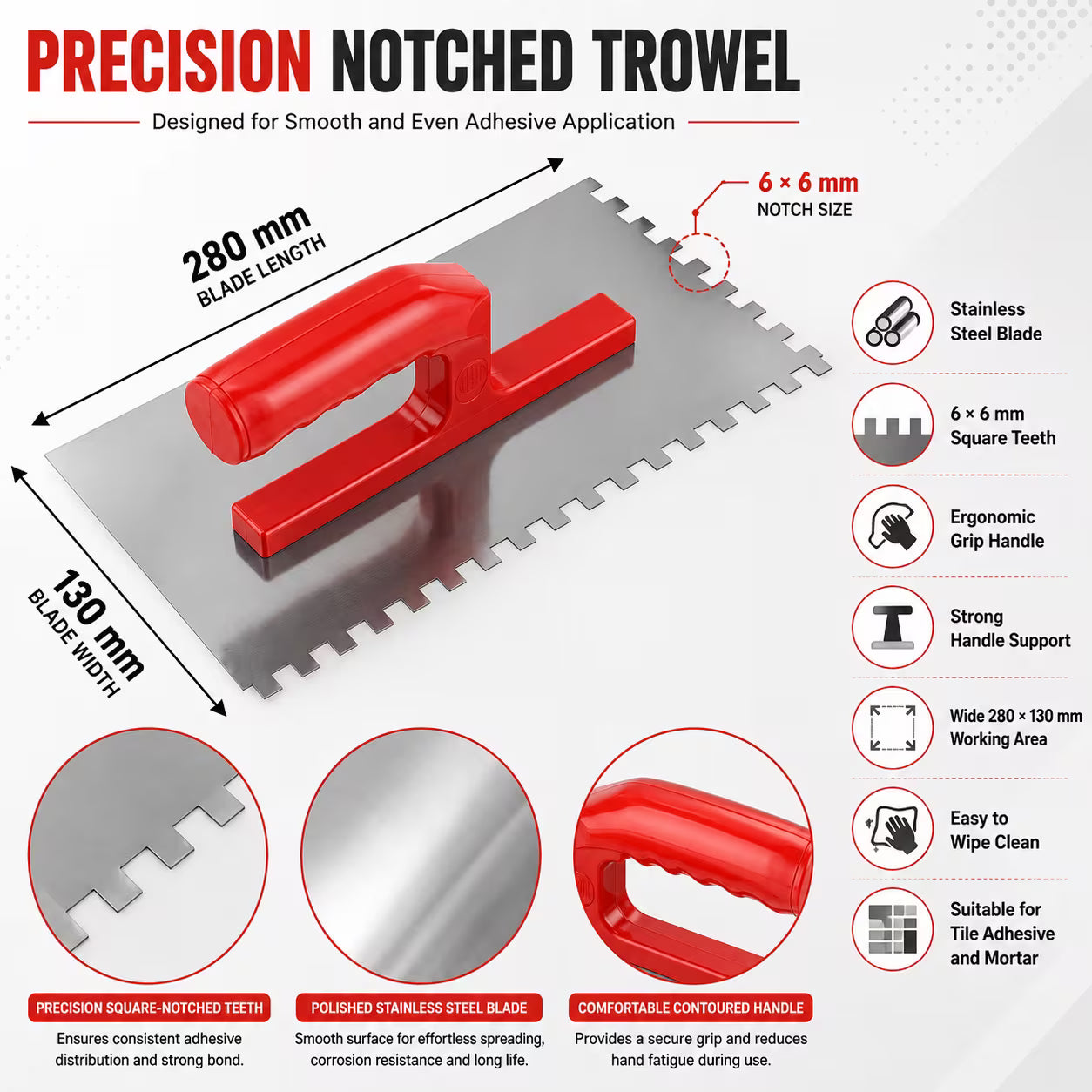 280 × 130mm Notched Trowel – Silver & Red, Stainless Steel 6 × 6mm Square-Tooth Tile Adhesive Spreader with Ergonomic Handle for Flooring, Wall Tiles, Plaster & Construction Use