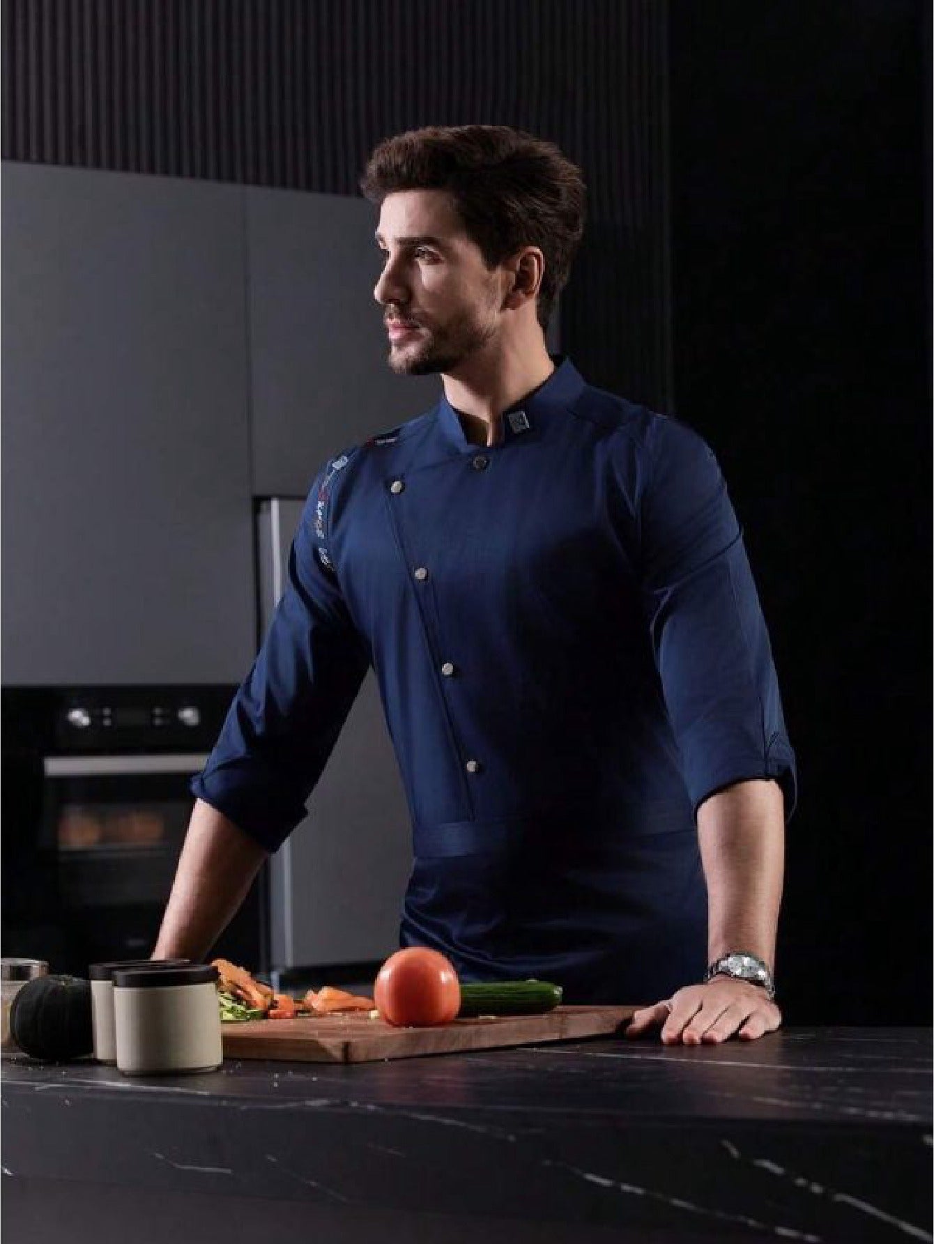 Men’s Blue Long-Sleeve Chef Uniform in Blue (Size: AE XXS) – Professional Luxury Hotel & Restaurant Culinary Jacket