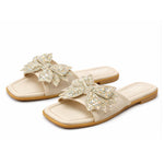 Women’s Square-Toe Rhinestone Bow Slide Sandals – Cushioned Flat Slip-On Shoes