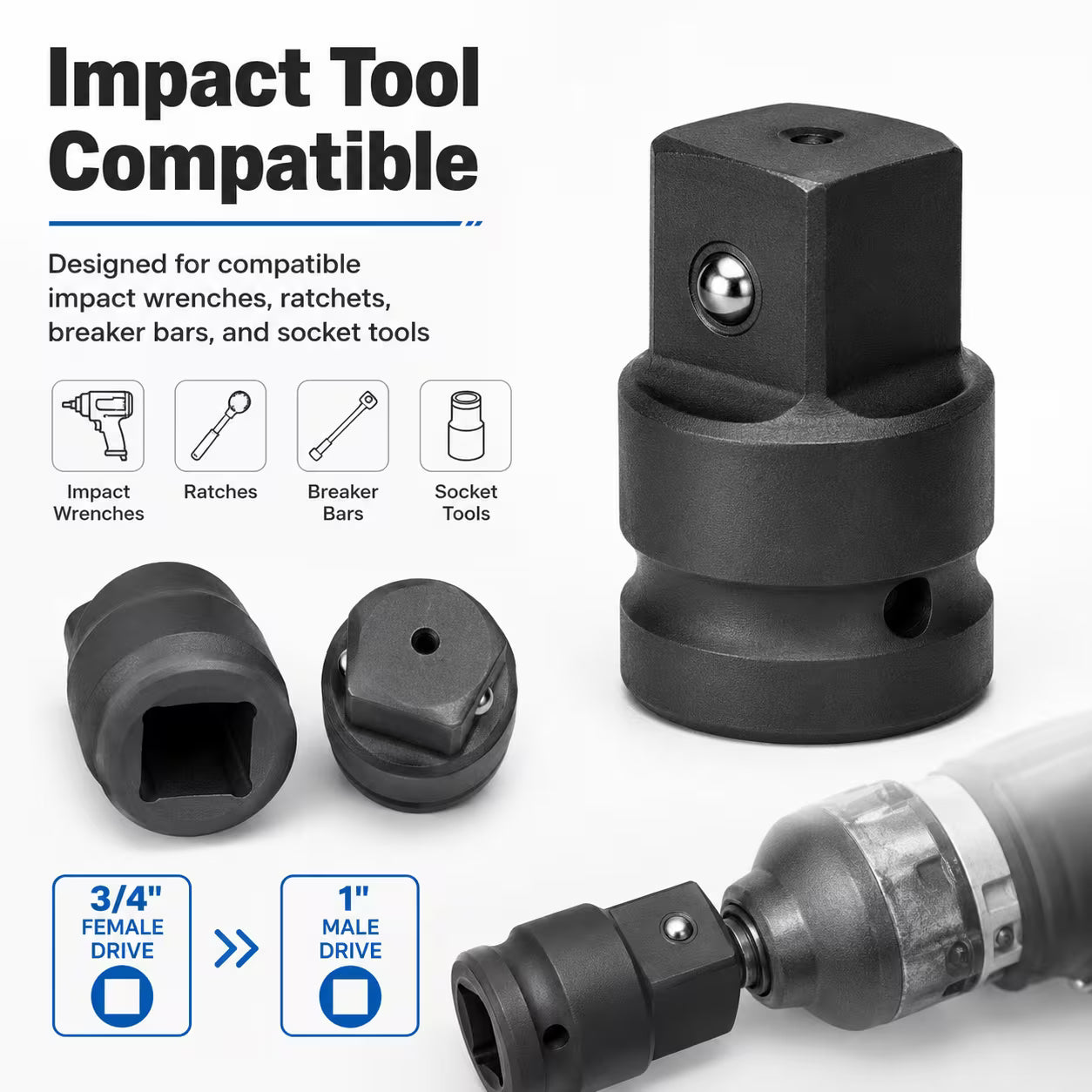 3/4-Inch Female to 1-Inch Male Impact Socket Adapter – Black, Chrome Molybdenum Steel Drive Converter for Impact Wrench & Breaker Bar