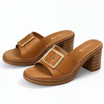 Women’s Metal Buckle Mule Sandals – Retro Wood-Texture Block Heel Slip-On Shoes