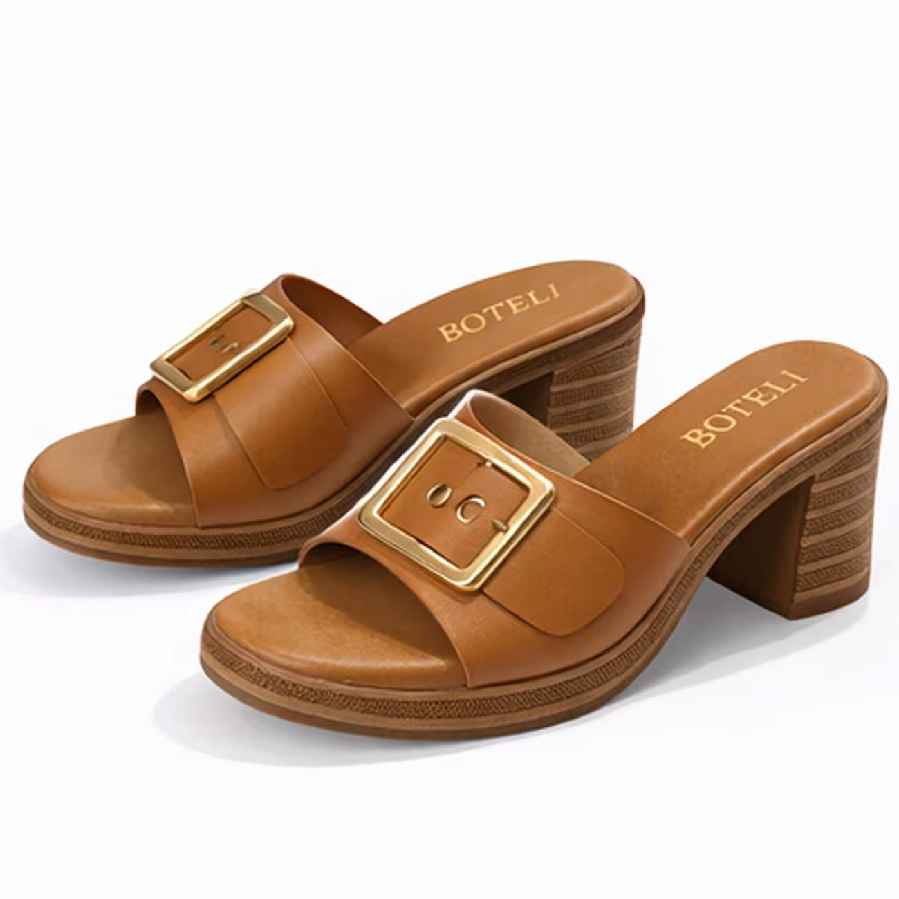 Women’s Metal Buckle Mule Sandals – Retro Wood-Texture Block Heel Slip-On Shoes