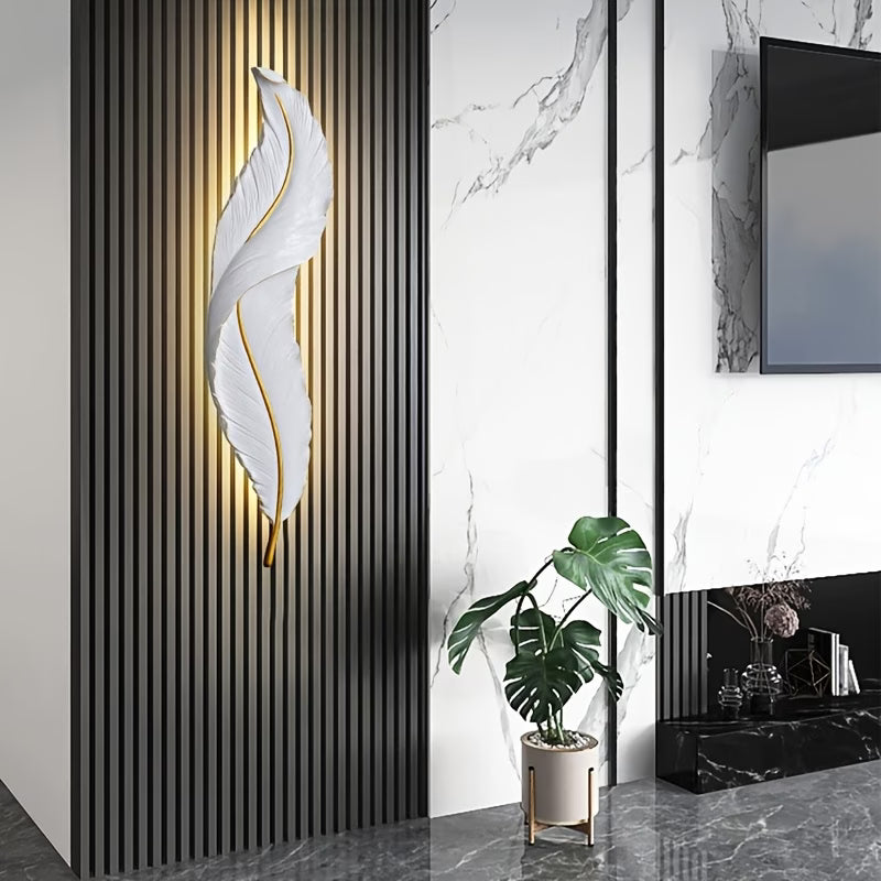 Modern Large Feather LED Wall Light - White, Remote Control, Semi-Recessed Ambient Sconce, Glass Shade, Decorative Wall-Mounted Light Fixture for Entrance Hall, Corridor, Aisle & Home
