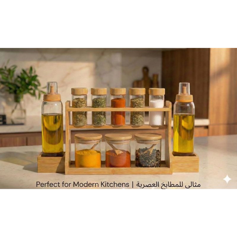 10-Piece Glass Spice Rack Set with Bamboo Organizer – Spice Jars, Spoons & Oil Bottles