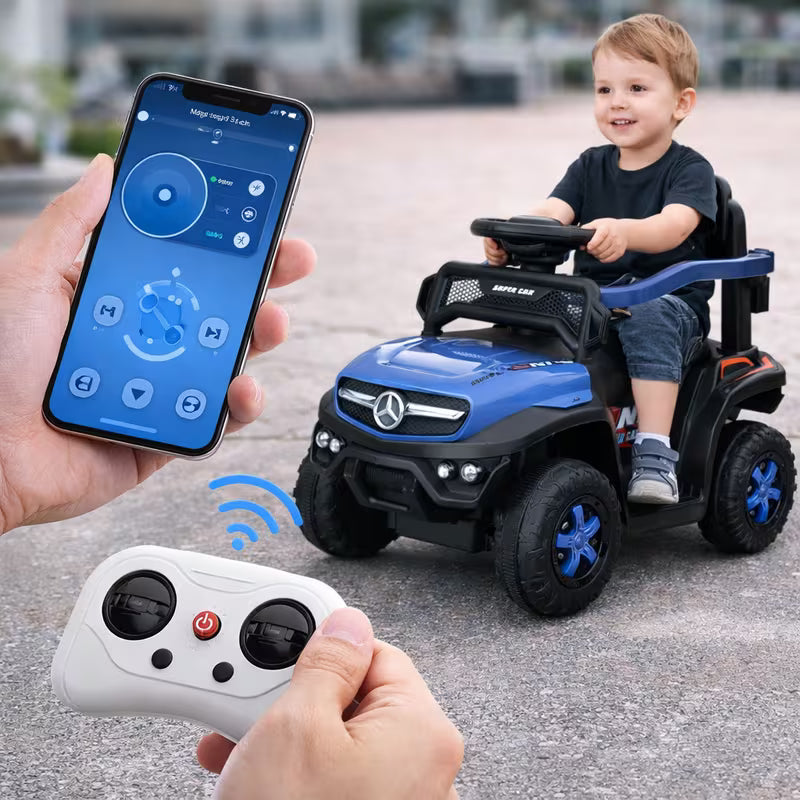 Kids Ride On Car - Blue Dual Motor Rechargeable Battery Powered Electric Car with Remote Control, Push Handle, Music System, Horn & LED Lights, Forward & Reverse, Toddler Ride-On Car