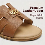 Women’s Cross-Strap Flat Slide Sandals – Open-Toe Shoes with Golden Buckle