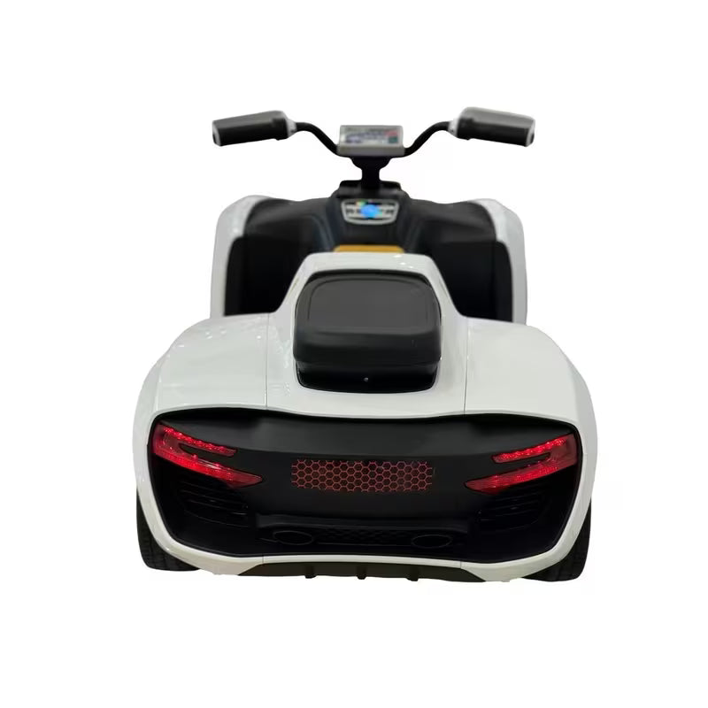 VLRA Kids Electric Ride-On Sports Car - White & Black, LED Lights, Modern Luxury Supercar Style, Battery Powered Vehicle with Leather Seat for Ages 3-6, Children’s Ride-On Car