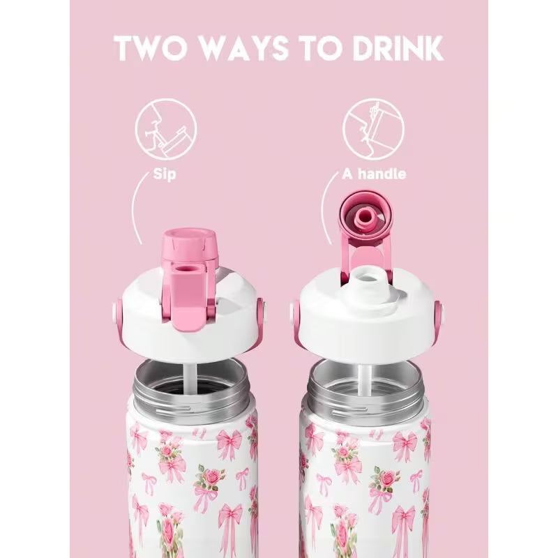 Heart Bow Insulated Water Bottle – 26/40oz Stainless Steel, Straw & Spout Lid