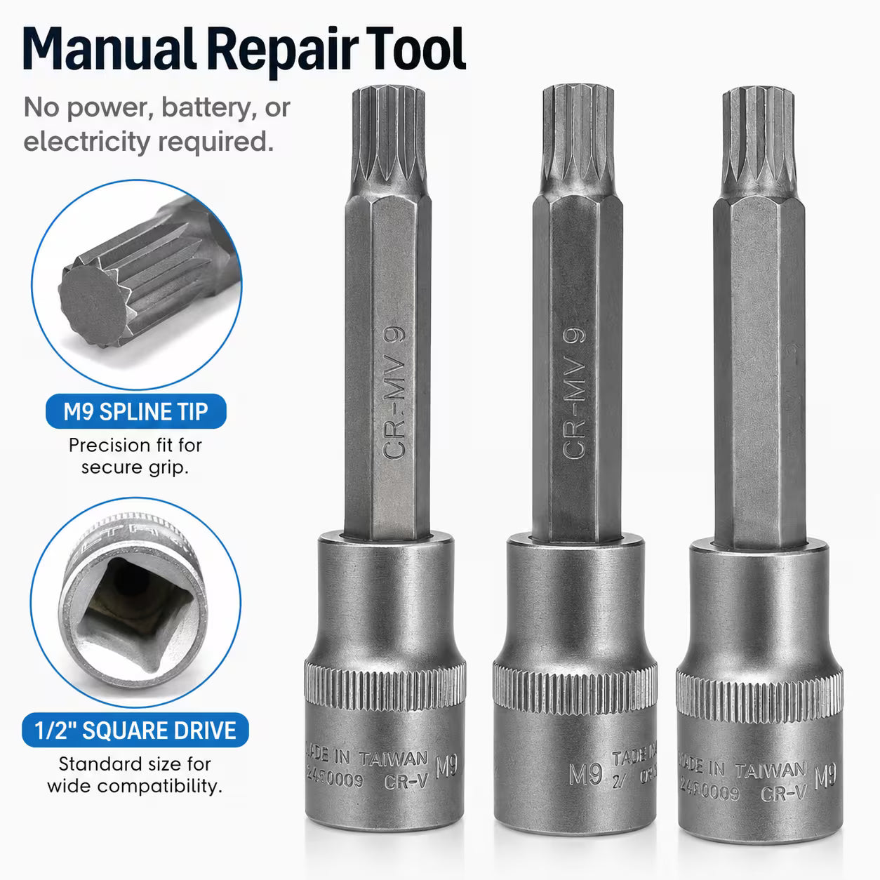 M9 Spline Bit Socket 1/2 Inch Drive (Silver) - 4 Inch Long CR-V Metal Triple Square Socket Tool for Ratchet, Car Repair & Workshop Maintenance
