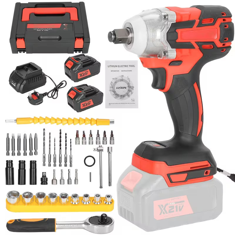 650N.M 1/2-Inch Cordless Impact Wrench - Black/Red, Brushless Impact Gun, 3300RPM High Torque Electric Power Driver, 2X 21V Batteries, Heavy-Duty Impact Wrench Set for Car & Home