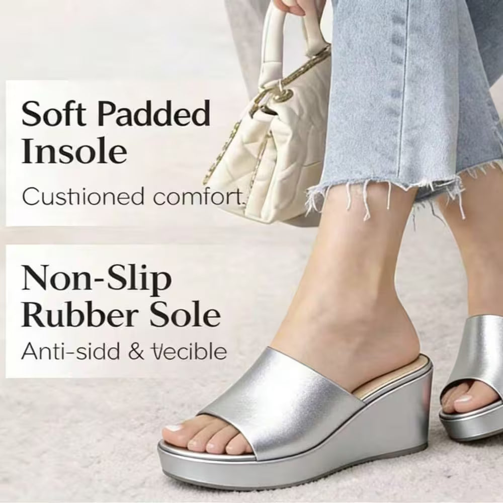 Women's Wedge Heel Mule Sandals – Platform Peep Toe, Cushioned Slip-On Design