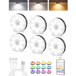 EZVALO RGB Under Cabinet Puck Lights - Black 6-Pack, Rechargeable Motion Sensor Lights, USB Powered LED Cabinet Lights, Remote Control, Dimmable Color-Changing Lighting for Kitchen, Wardrobe & Home