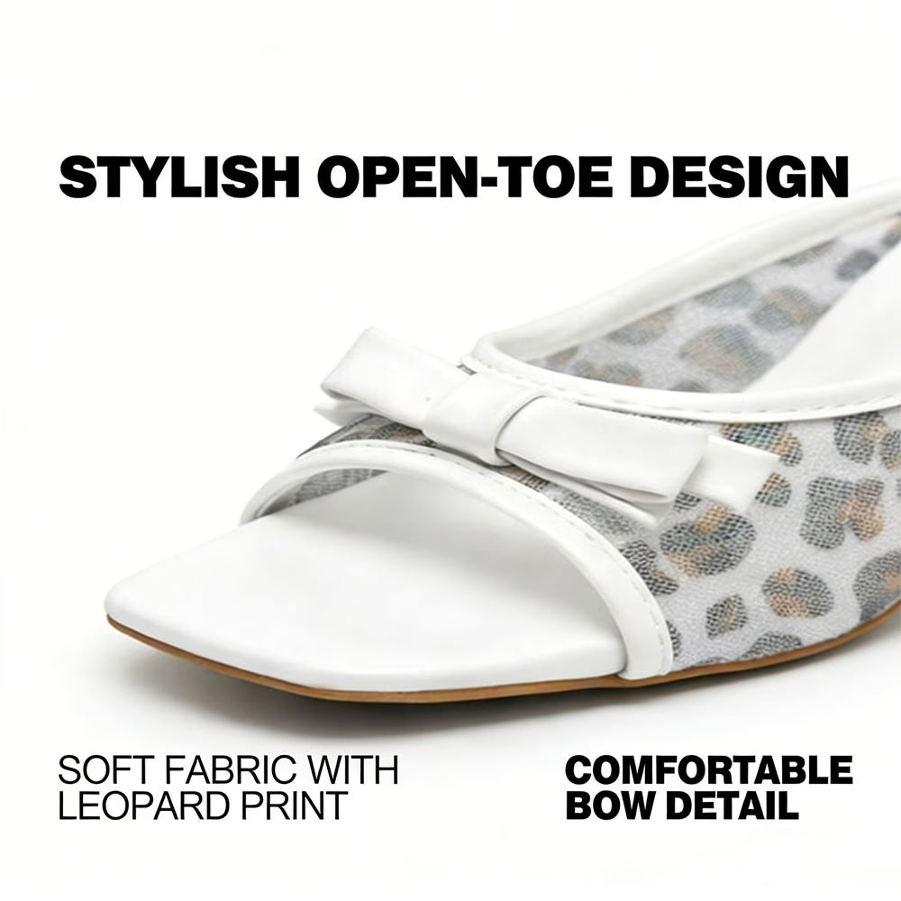 Women's Leopard Print Bow Mules – Square Toe, Metallic Heel, Slip-On Sandals