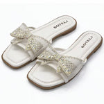 Women’s Rhinestone Bow Square-Toe Slide Sandals – Cushioned Flat Summer Shoes