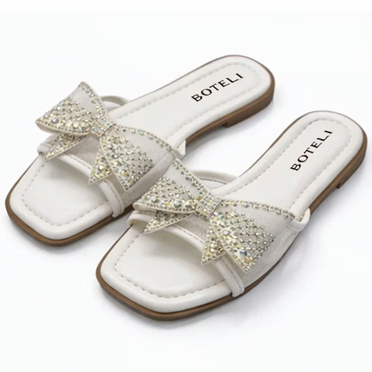 Women’s Rhinestone Bow Square-Toe Slide Sandals – Cushioned Flat Summer Shoes