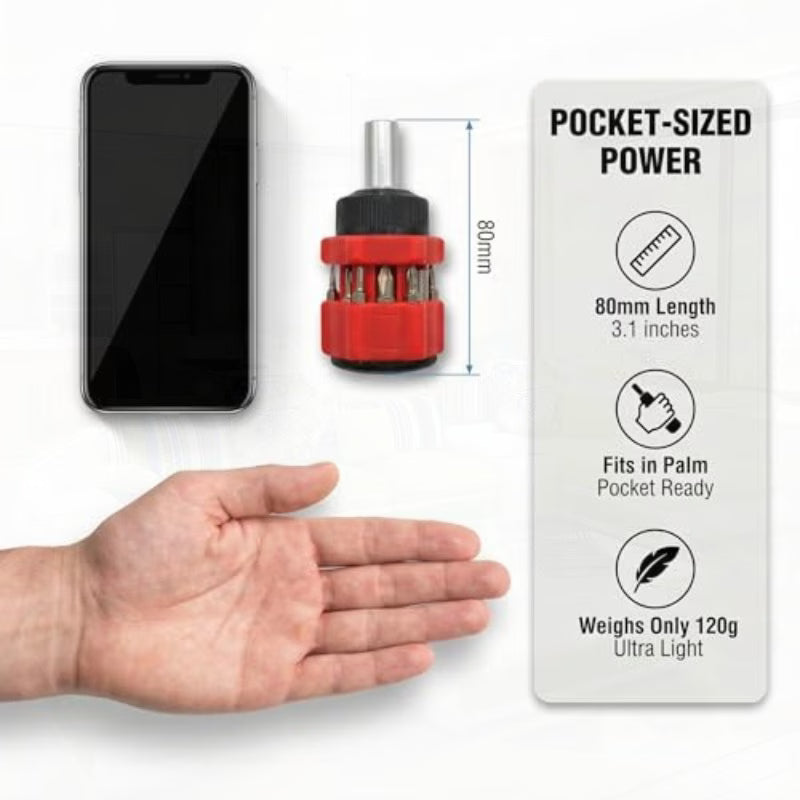 14-in-1 Ratchet Stubby Screwdriver Set - Red, Short Handle Multi-Bit Screwdriver, 12pcs Magnetic Bits, Phillips & Slotted Bits, 3-Position Ratcheting Handle, Compact Pocket Repair Tool