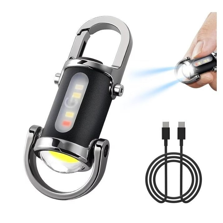 3-in-1 Mini USB Rechargeable COB LED Keychain Flashlight with Carabiner - Black