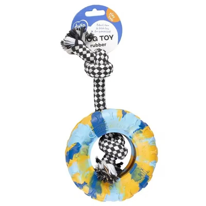 Duvo+ Rubber Tire Smash & Cotton Rope Toy – Multicolour, Medium Size