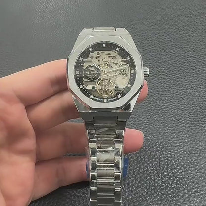 Forsining Silver Skeleton Watch – Luxury Automatic 3D Dial, Stainless Steel, Diamond Accents