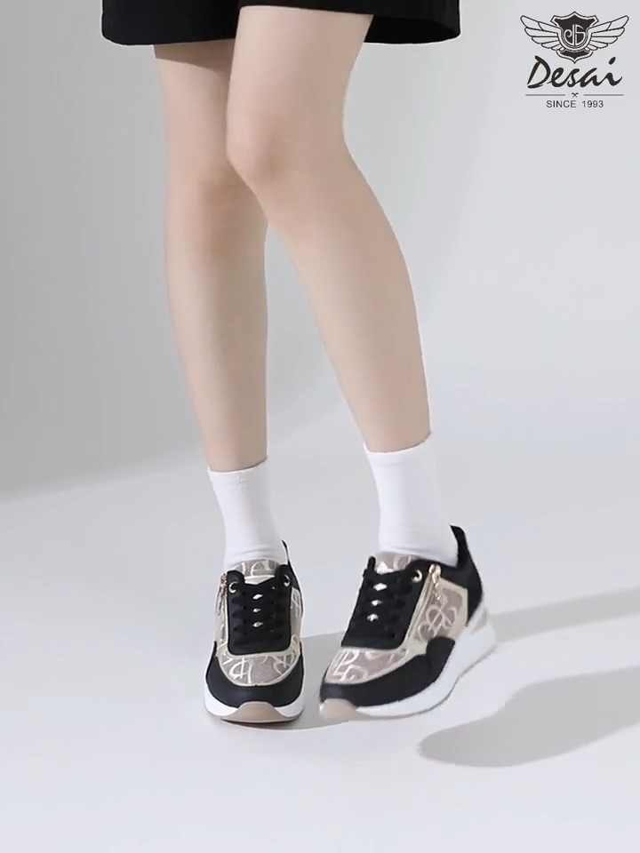 Women's Wedge Sneakers – Thick Sole, Side Zipper, Lace-Up, Breathable Design