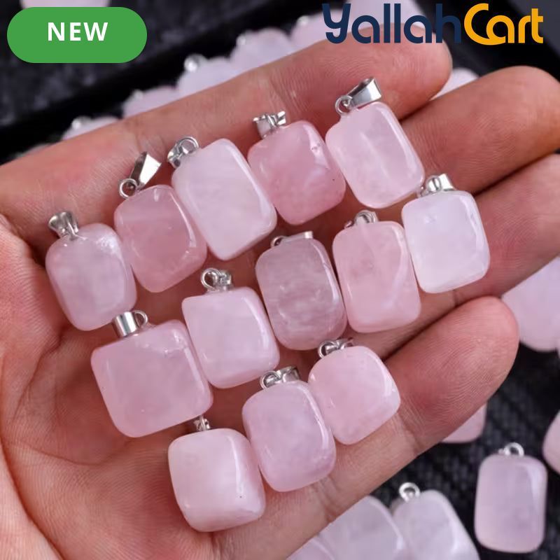 Natural Pink Rose Quartz Pendant Necklace – Polished Rectangular Gemstone with Silver-Tone Chain