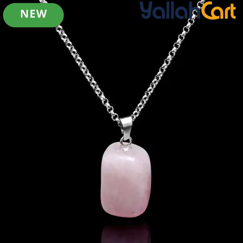 Natural Pink Rose Quartz Pendant Necklace – Polished Rectangular Gemstone with Silver-Tone Chain