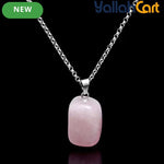 Natural Pink Rose Quartz Pendant Necklace – Polished Rectangular Gemstone with Silver-Tone Chain