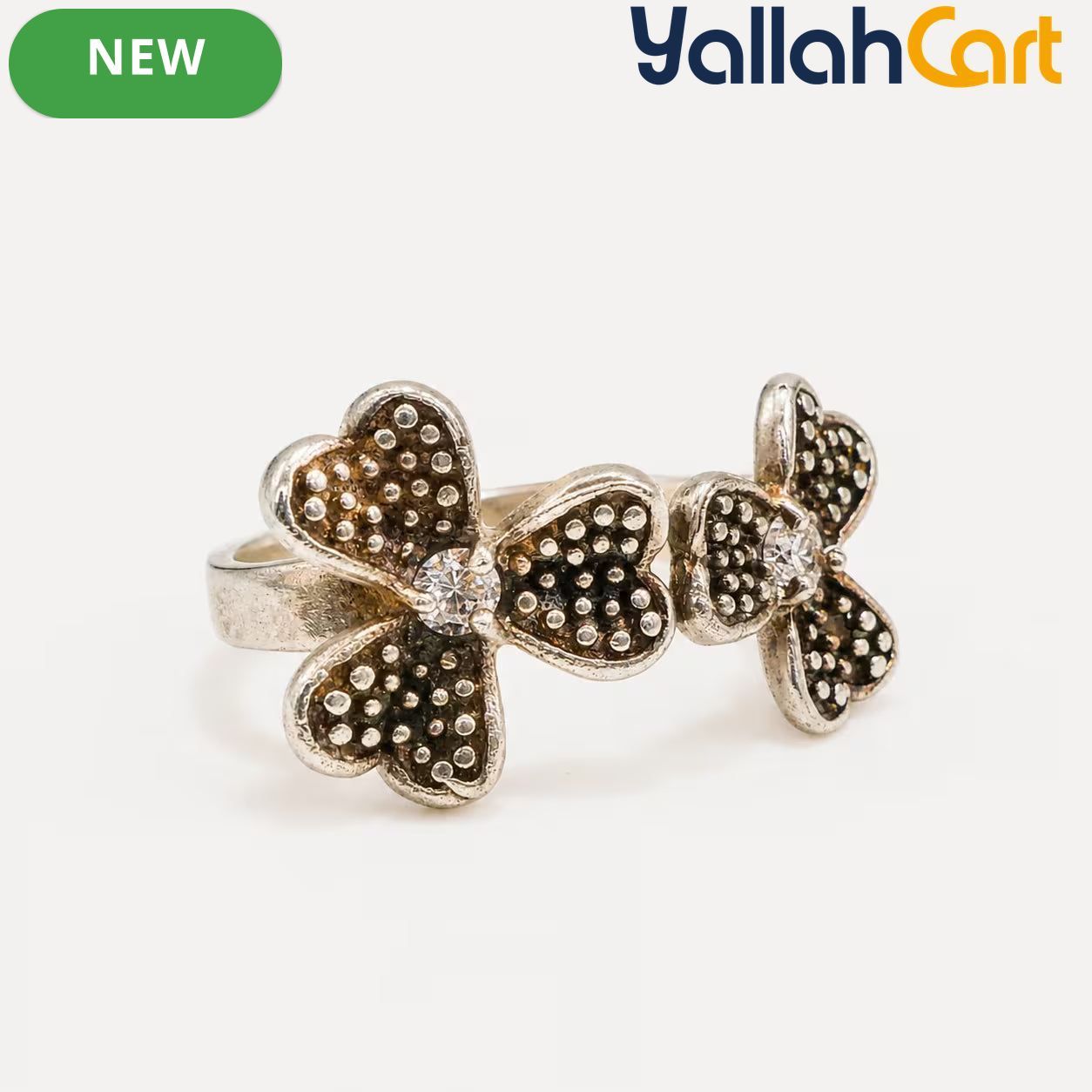 Size 7.5 925 Sterling Silver Flower Ring – Crystal & Marcasite-Style Dual Floral Design