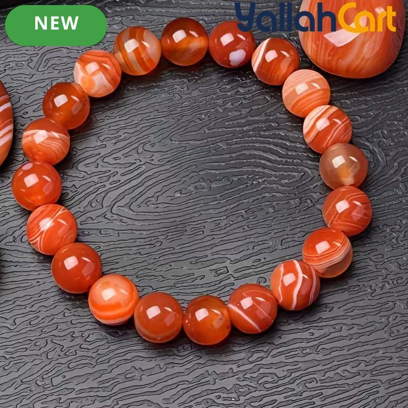 Red Striped Agate Beaded Bracelet – 17–19cm Stretch Bracelet for Men & Women