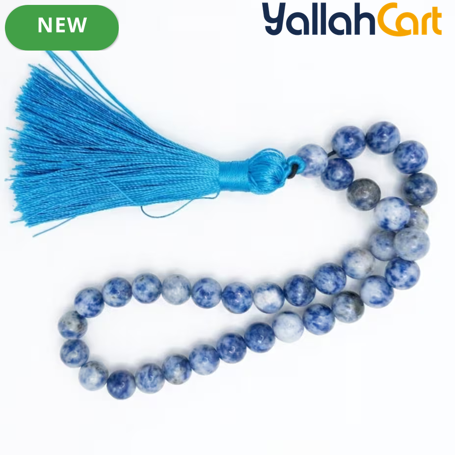 Natural Blue Spot Jasper Prayer Beads – 33-Bead Misbaha Tasbih with Sky-Blue Tassel