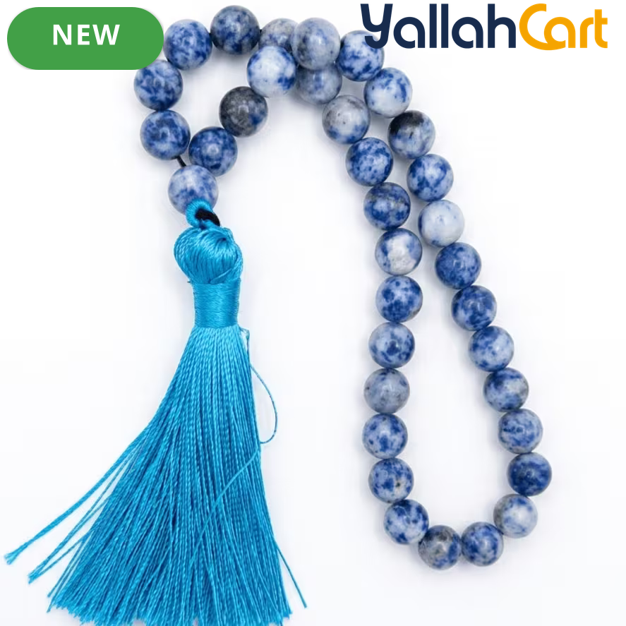 Natural Blue Spot Jasper Prayer Beads – 33-Bead Misbaha Tasbih with Sky-Blue Tassel