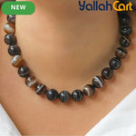 Natural Striped Agate Beaded Necklace for Women – Polished Round Stone Strand Necklace