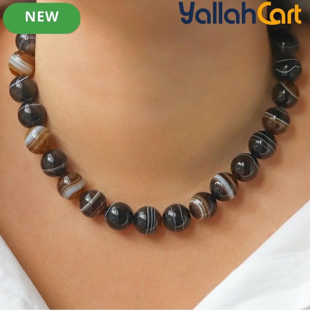 Natural Striped Agate Beaded Necklace for Women – Polished Round Stone Strand Necklace