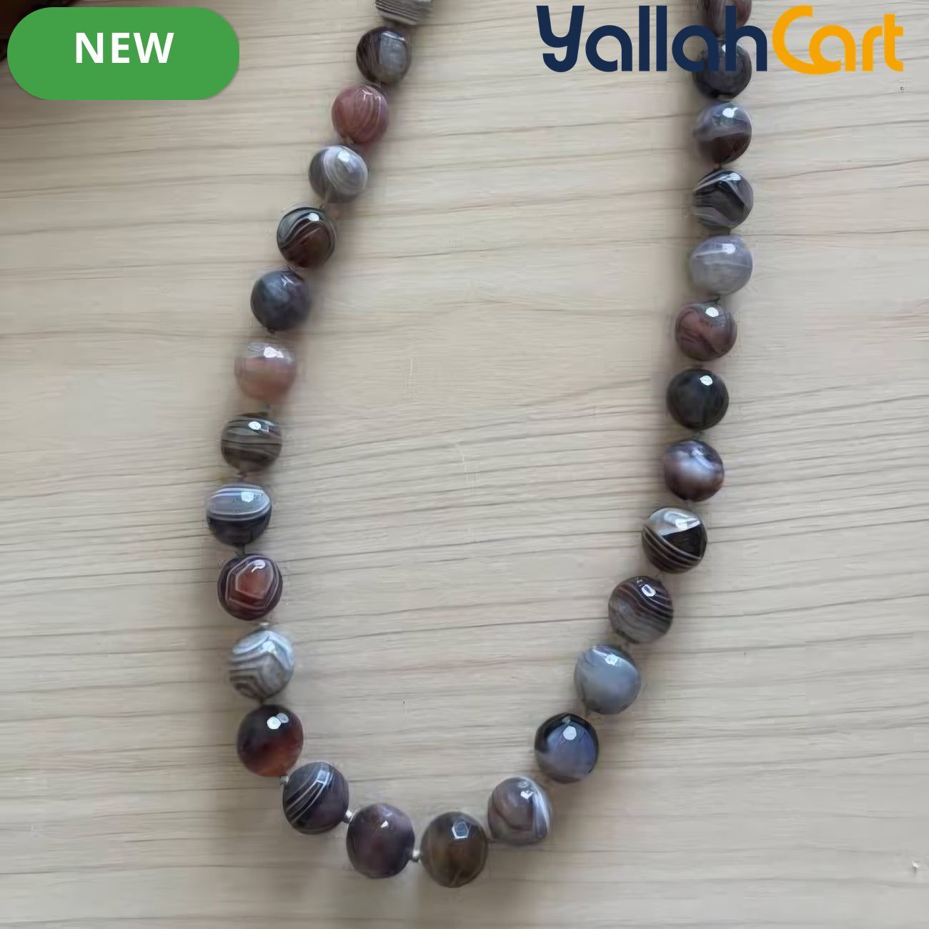 Natural Striped Agate Beaded Necklace for Women – Polished Round Stone Strand Necklace