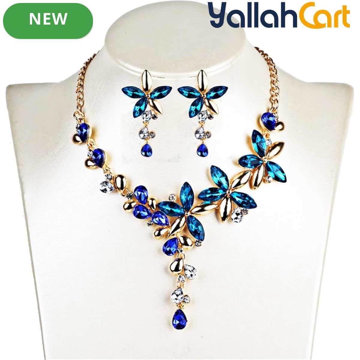 Halamodo Gold-Tone Jewelry Set for Women – Necklace, Earrings & Teardrop Crystal Pendant