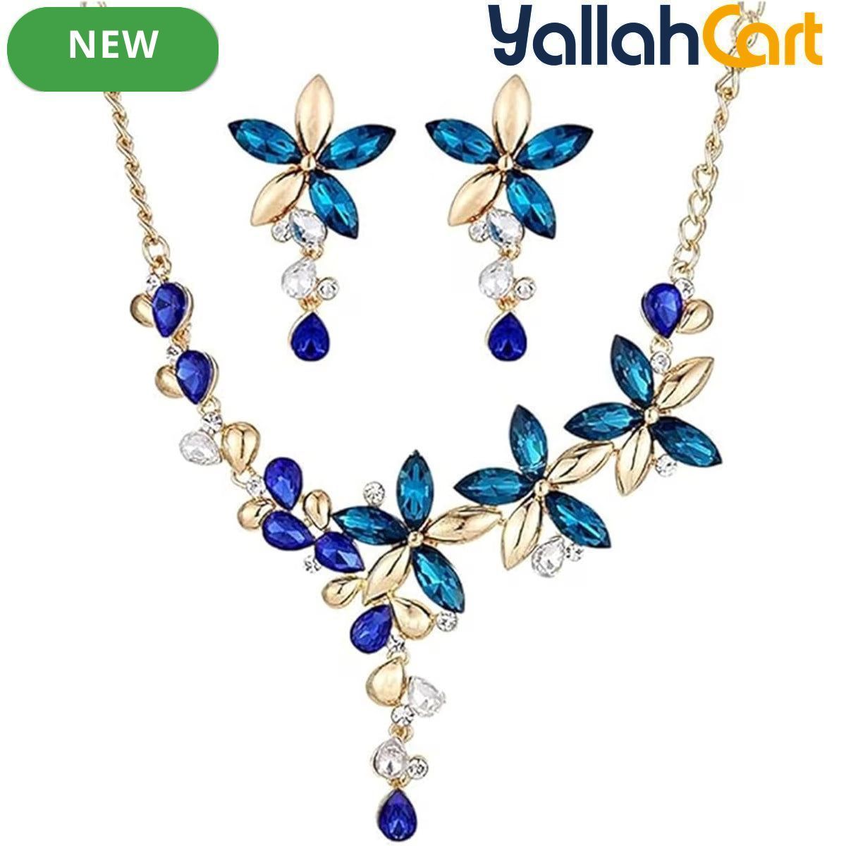 Halamodo Gold-Tone Jewelry Set for Women – Necklace, Earrings & Teardrop Crystal Pendant