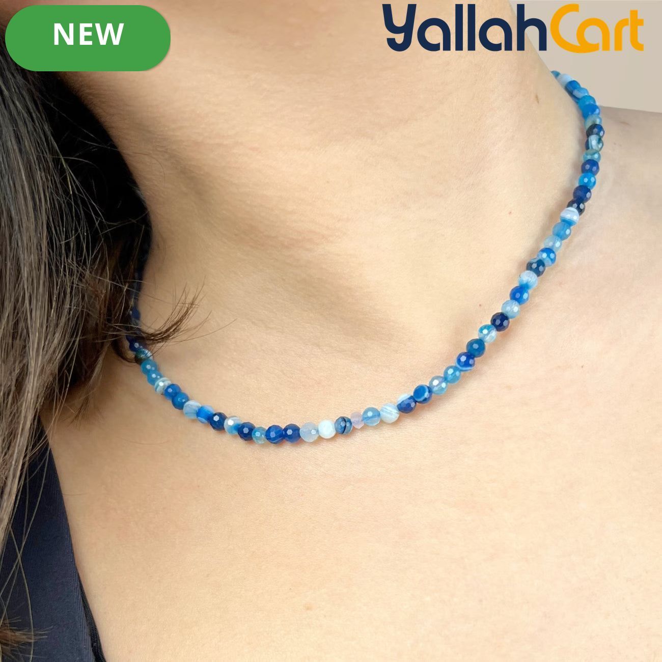 Natural Blue Striped Agate Beaded Necklace for Women – Round Gemstone Collar Necklace