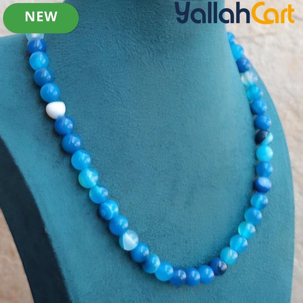 Natural Blue Striped Agate Beaded Necklace for Women – Round Gemstone Collar Necklace
