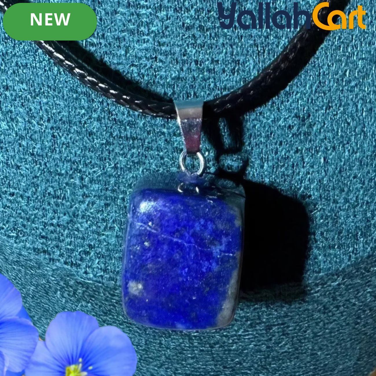 Natural Blue Lapis Lazuli Square Pendant Necklace – Polished Gemstone Charm with Black Cord
