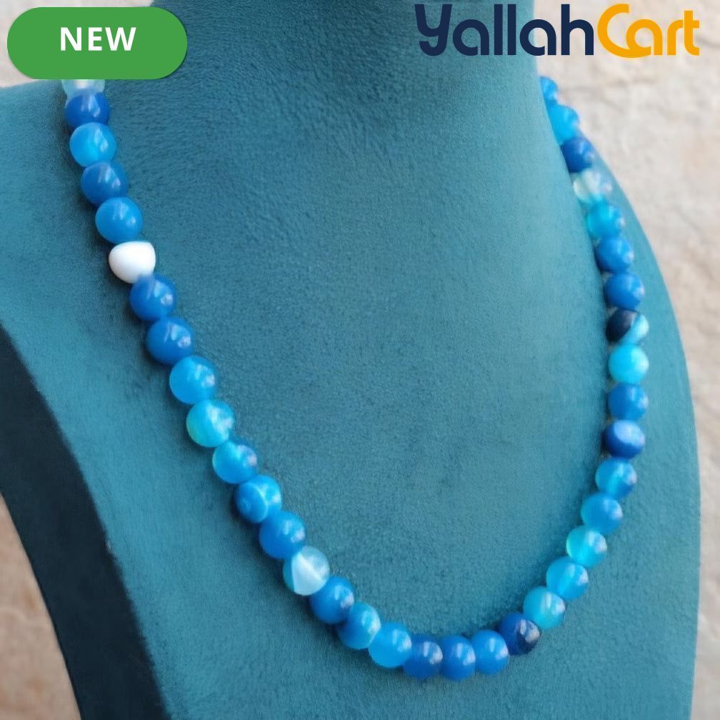 Natural Blue Striped Agate Beaded Necklace for Women – Round Gemstone Collar Necklace