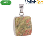 Natural Unakite Stone Square Pendant – Polished Green & Pink Gemstone Charm with Silver-Tone Bail