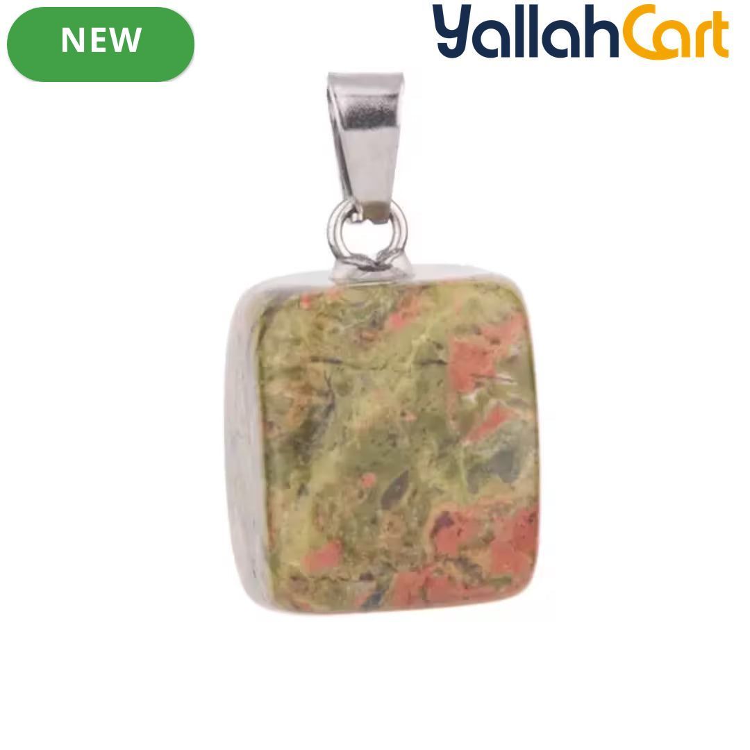 Natural Unakite Stone Square Pendant – Polished Green & Pink Gemstone Charm with Silver-Tone Bail