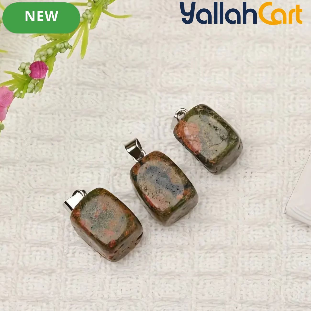 Natural Unakite Stone Square Pendant – Polished Green & Pink Gemstone Charm with Silver-Tone Bail