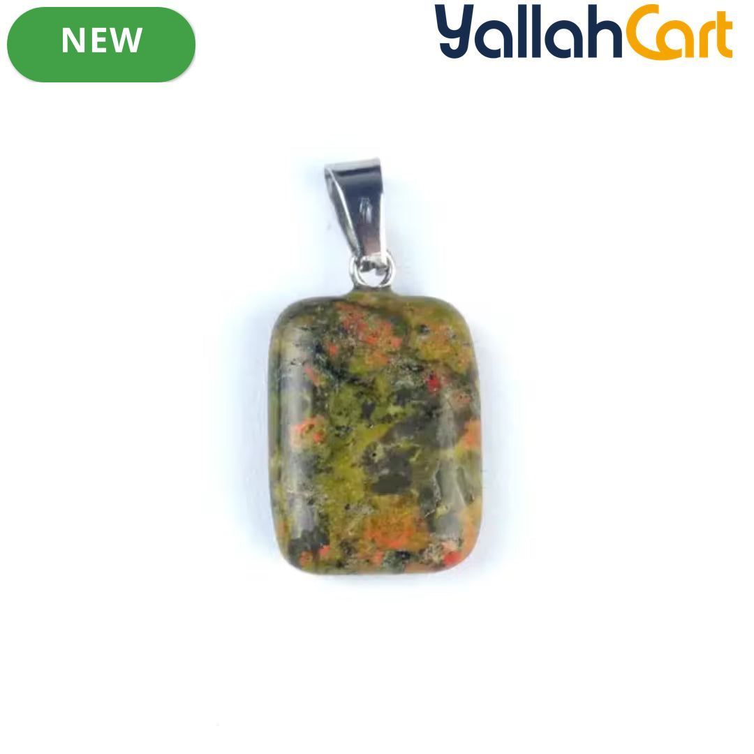 Natural Unakite Stone Square Pendant – Polished Green & Pink Gemstone Charm with Silver-Tone Bail