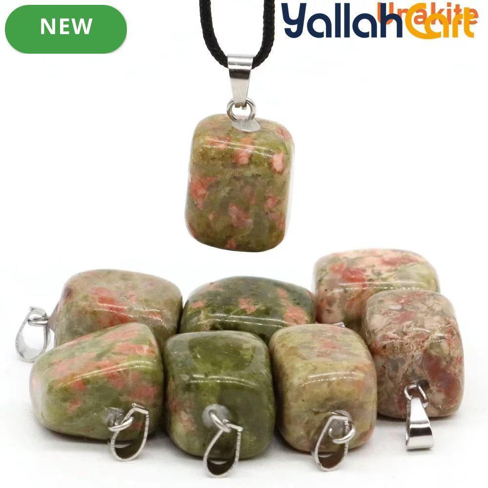 Natural Unakite Stone Square Pendant – Polished Green & Pink Gemstone Charm with Silver-Tone Bail