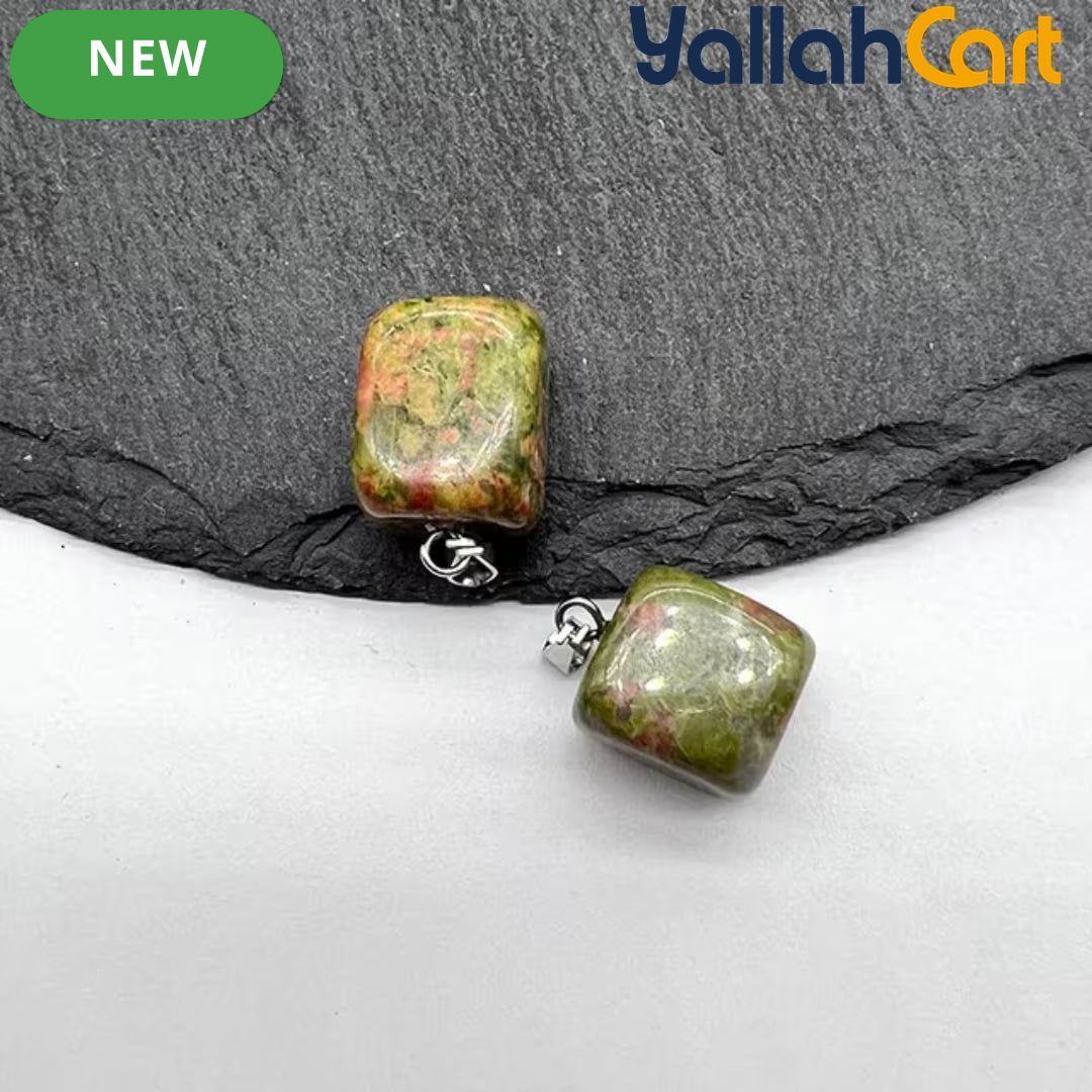 Natural Unakite Stone Square Pendant – Polished Green & Pink Gemstone Charm with Silver-Tone Bail