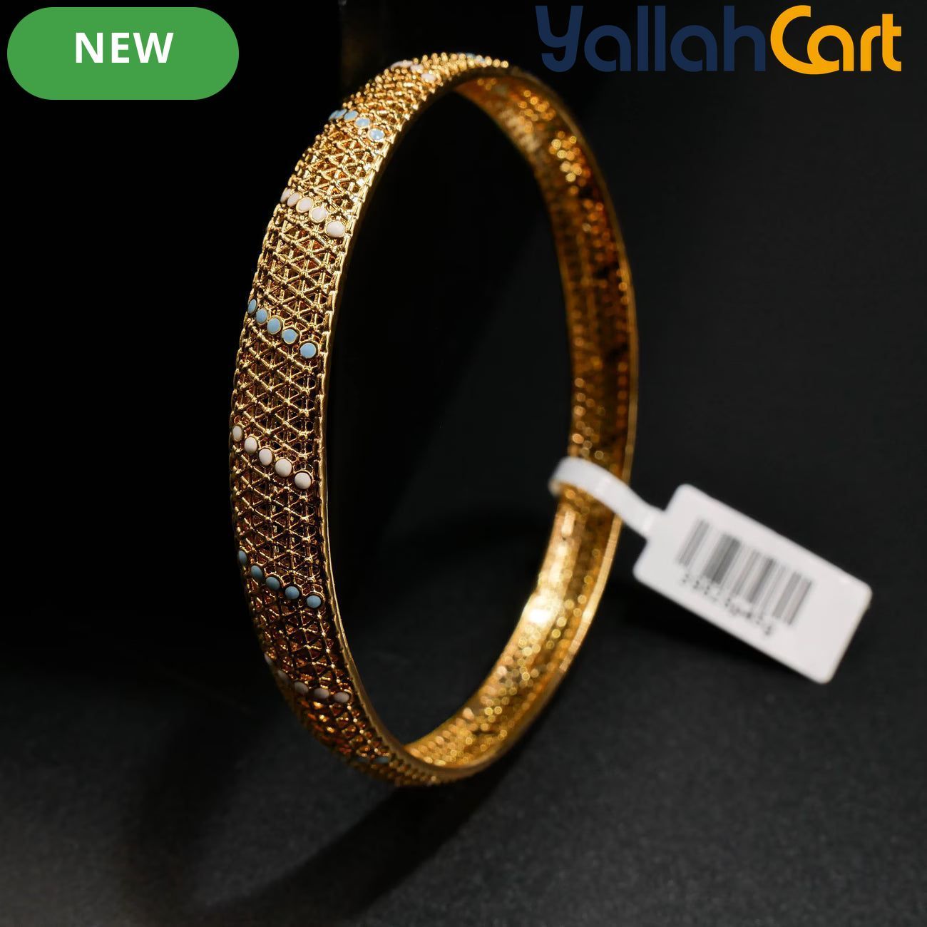 Gold-Tone Mesh Bangle Bracelet for Women – White & Blue Enamel Detail