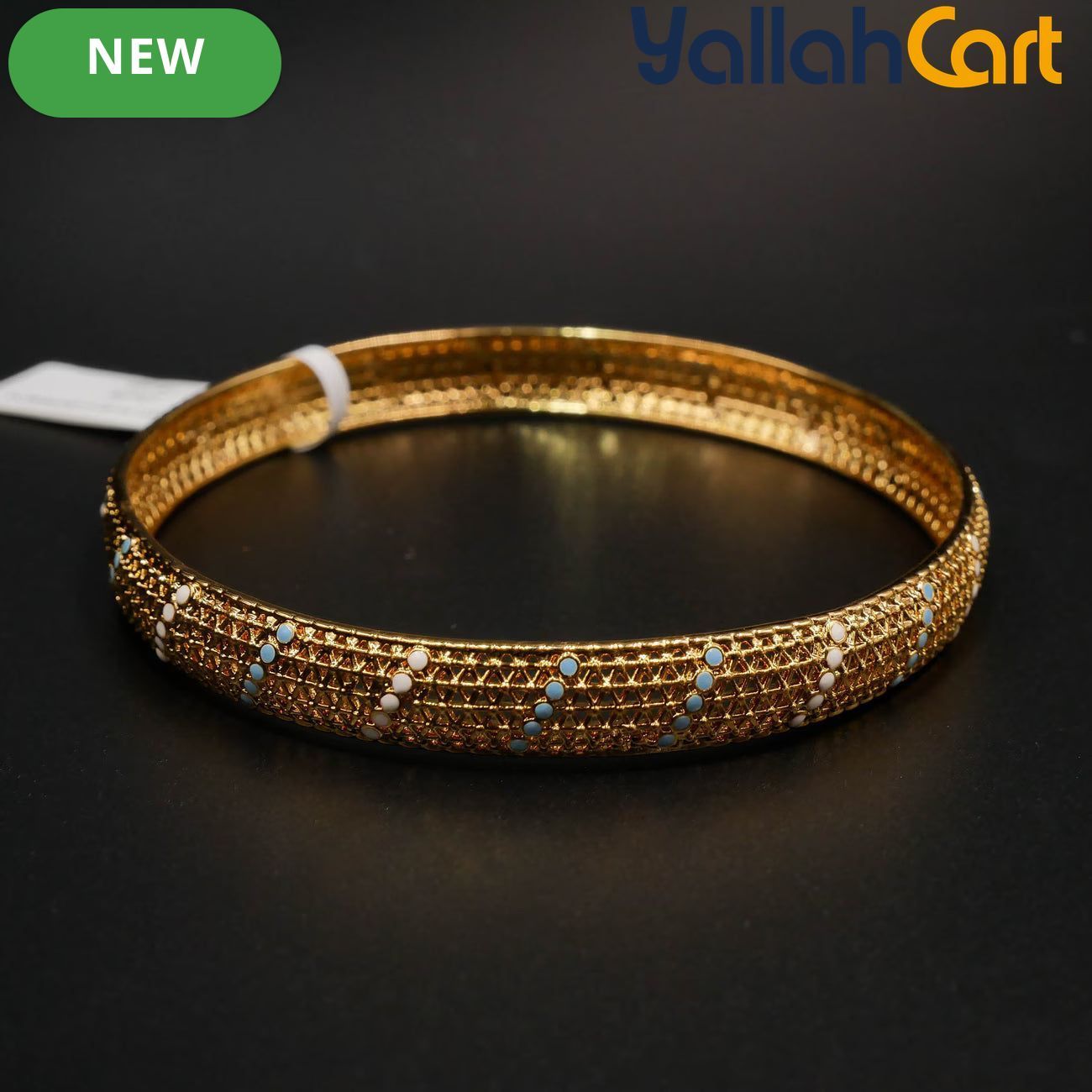 Gold-Tone Mesh Bangle Bracelet for Women – White & Blue Enamel Detail